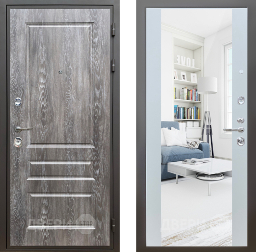 Входная металлическая Дверь Шелтер (SHELTER) Комфорт Дуб шале серебро 13 с зеркалом Белый матовый в Ногинск