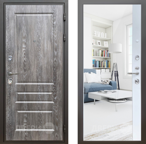 Входная металлическая Дверь Шелтер (SHELTER) Комфорт Дуб шале серебро 14 с зеркалом Белый матовый в Ногинск