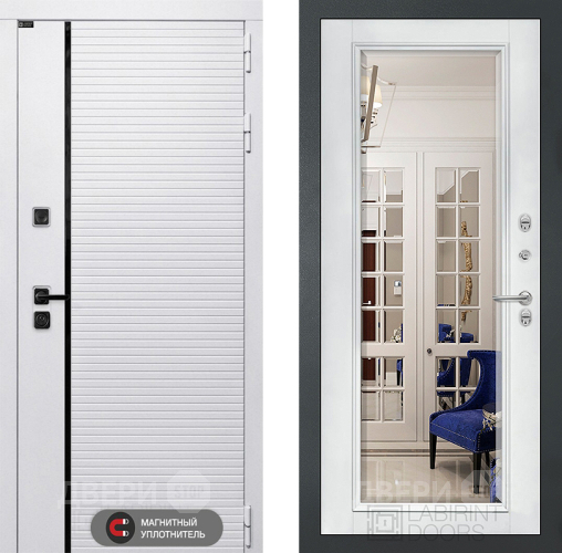 Входная металлическая Дверь Лабиринт (LABIRINT) Royal Зеркало Фацет с багетом Белый софт в Ногинск